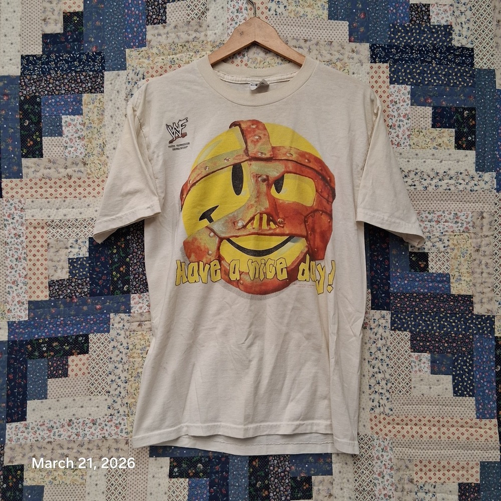 Vintage RARE WWF Scratch Mankind Have a Nice Day Smiley Face Mask T Shirt White